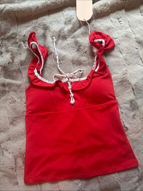 Blogilates Women’s Red Ruffled Lace Up Tank Top